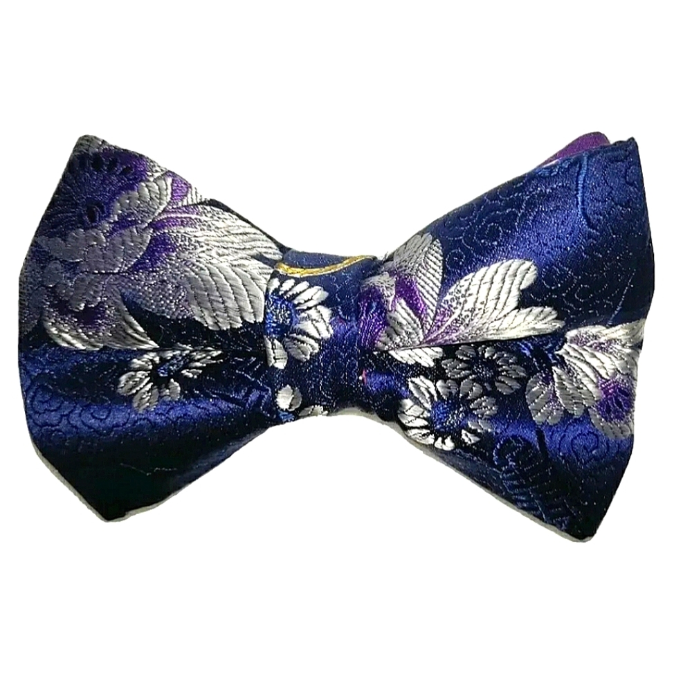 NEW Floral Silk Brocade Bowtie! Pre-tied. Handmade. 4.5" x 2.75". Blue. Unisex